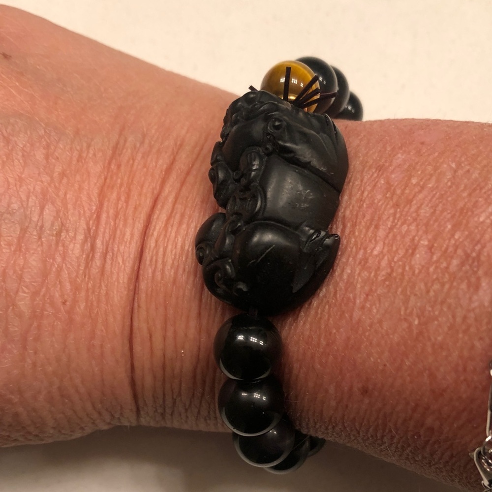 Buddha Power Fengshui  Black Obsidian and Tigers Eye Stretchy Wealth Bracelet